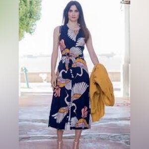 Inomi Cranes Printed Wide Leg Jumpsuit Navy Blue Yellow Multi Size Small